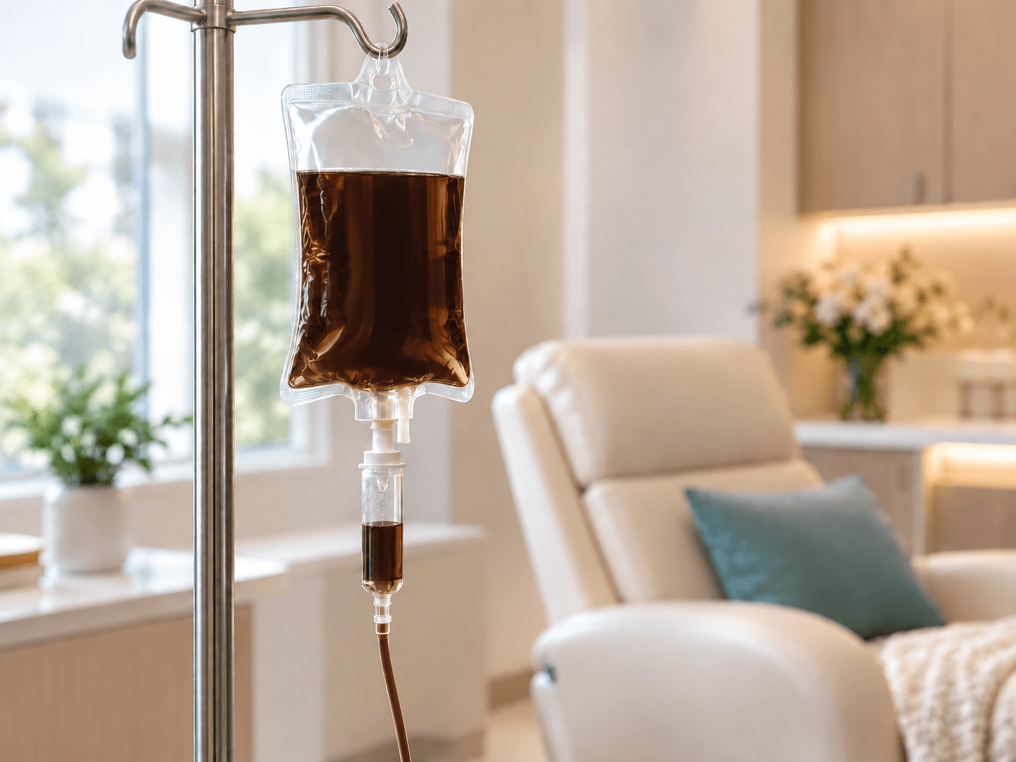 An IV bag next to a comfortable recliner