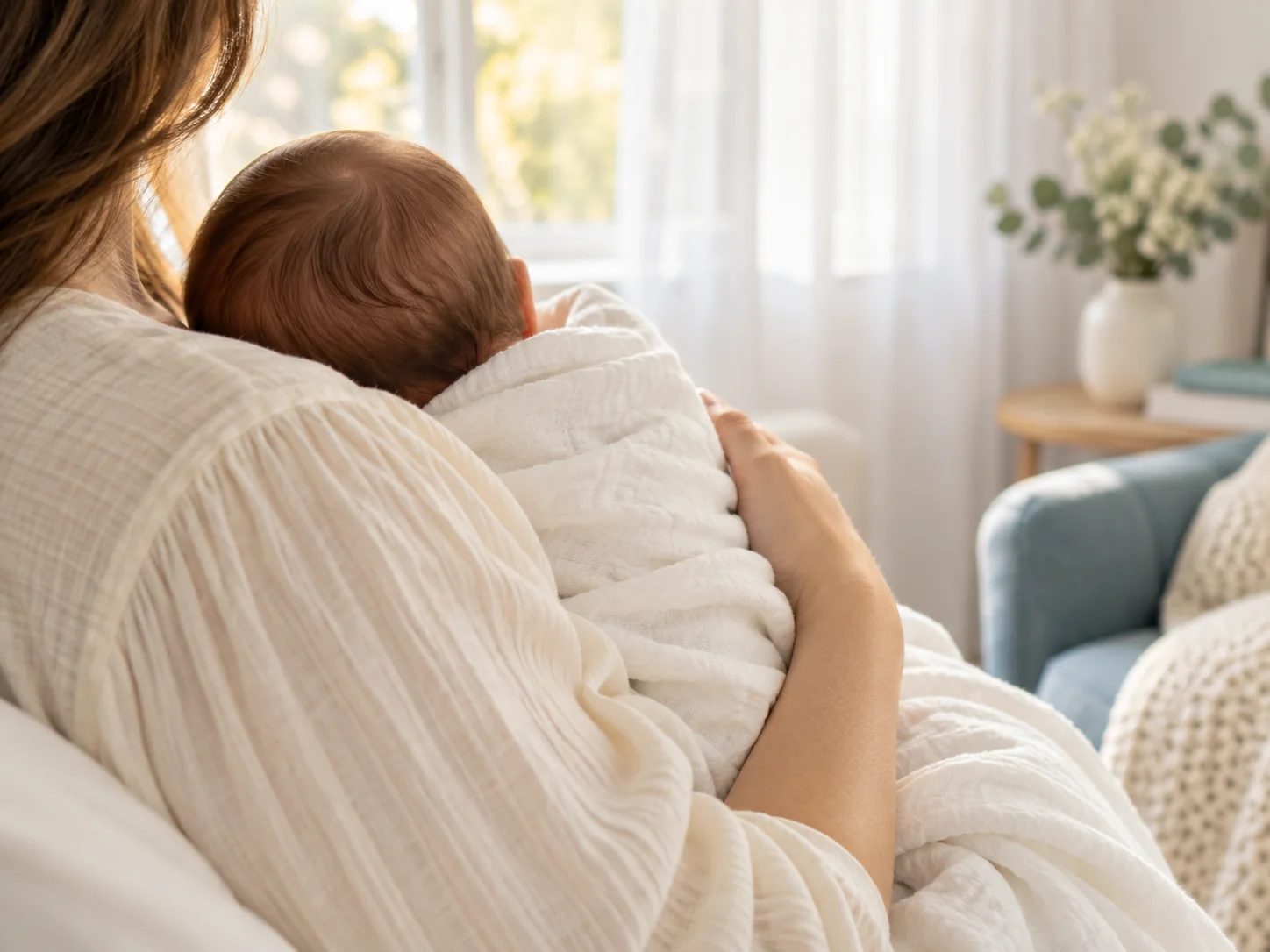 A mother holding her newborn by the window