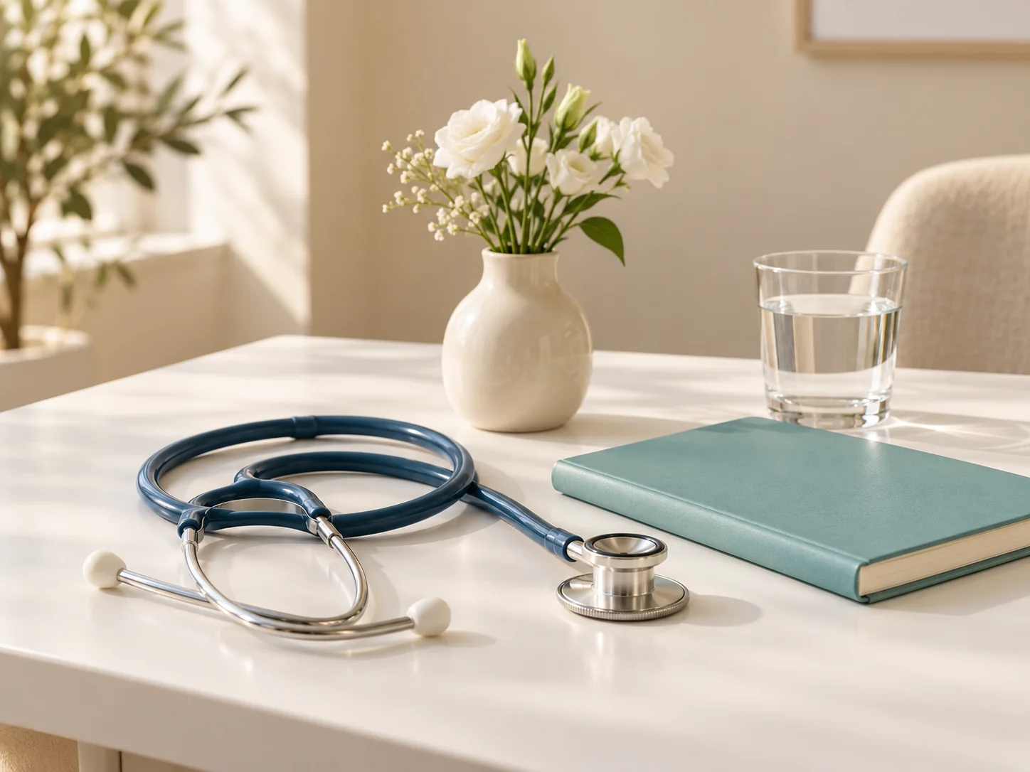 A stethoscope and notebook on the clinic desk